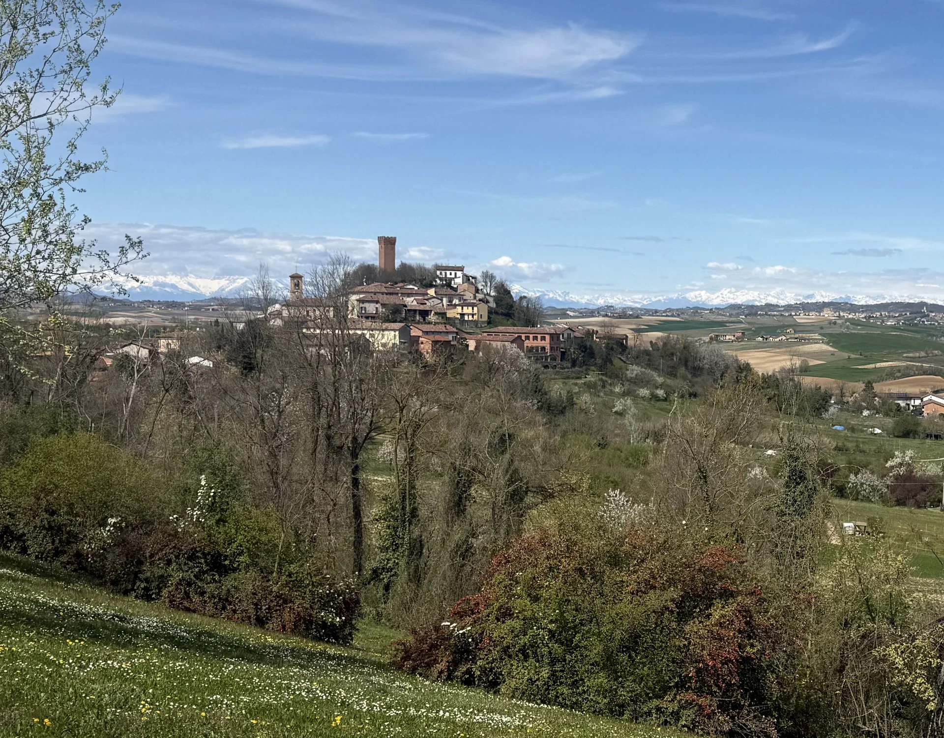 Viarigi, het dorp van de drie huizen van Case d'Arte, op zijn heuvel in de Monferrato